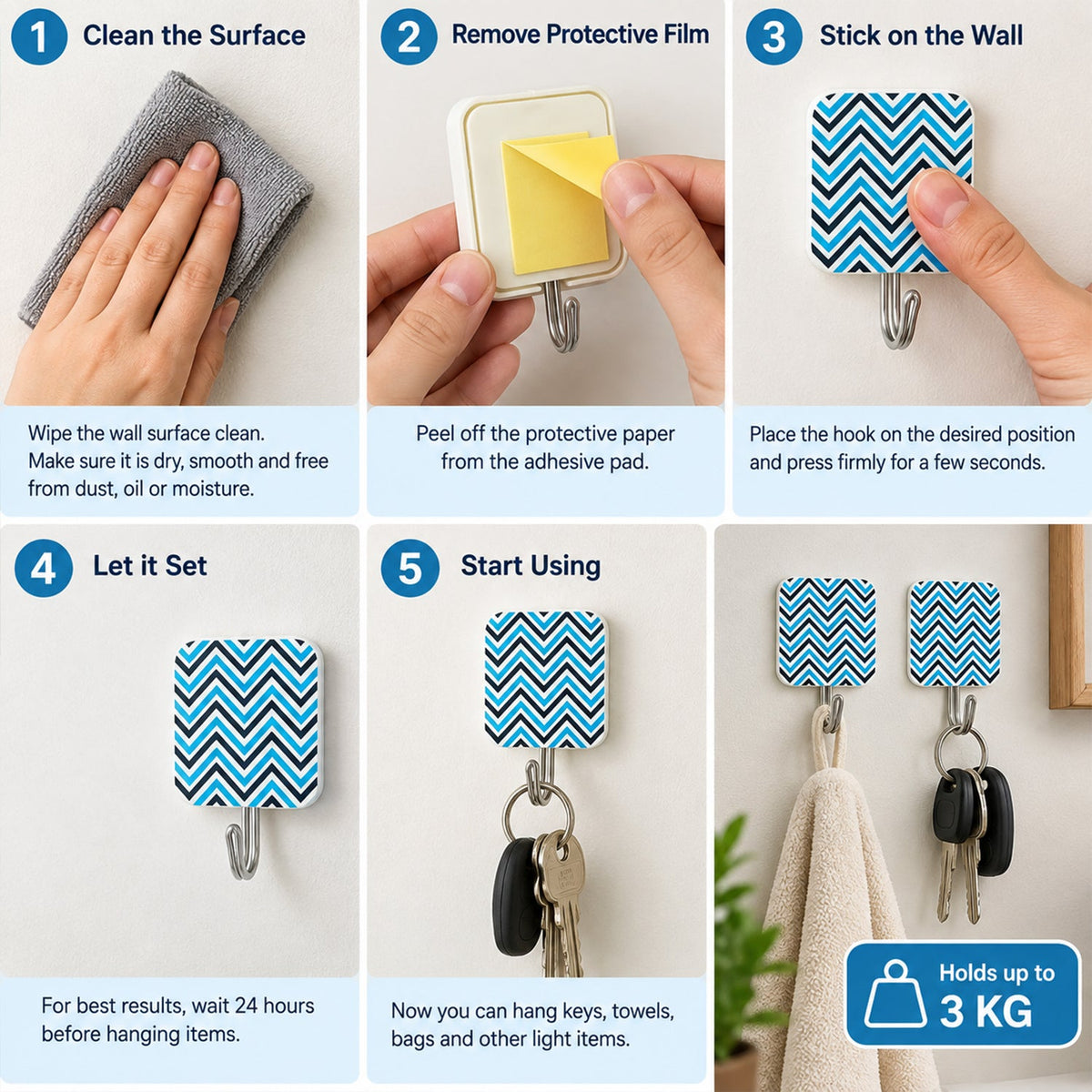 A six-step infographic demonstrates how to install and use the chevron-patterned adhesive hooks.