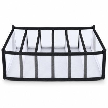 A white mesh and black fabric 6-section drawer organizer is shown on a white background.