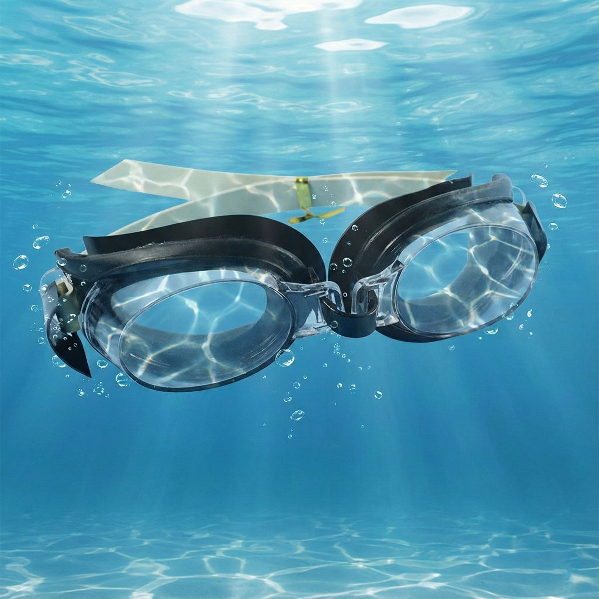 Black and clear swimming goggles with a beige strap submerged underwater with light rays and bubbles.