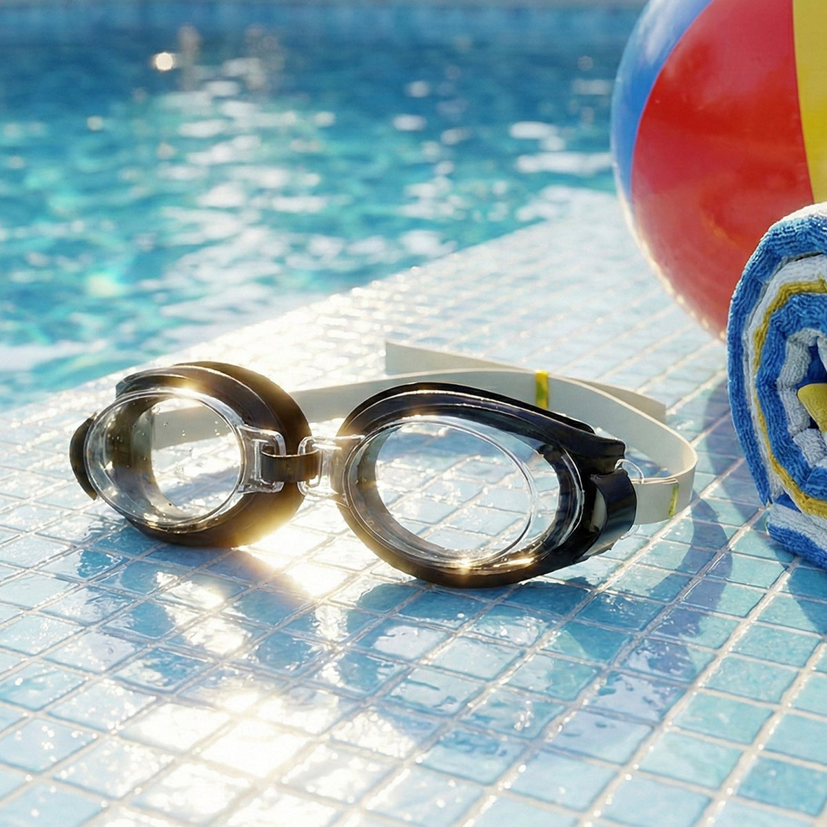 Black and clear swimming goggles with a beige strap on blue pool tiles next to a beach ball and towel.