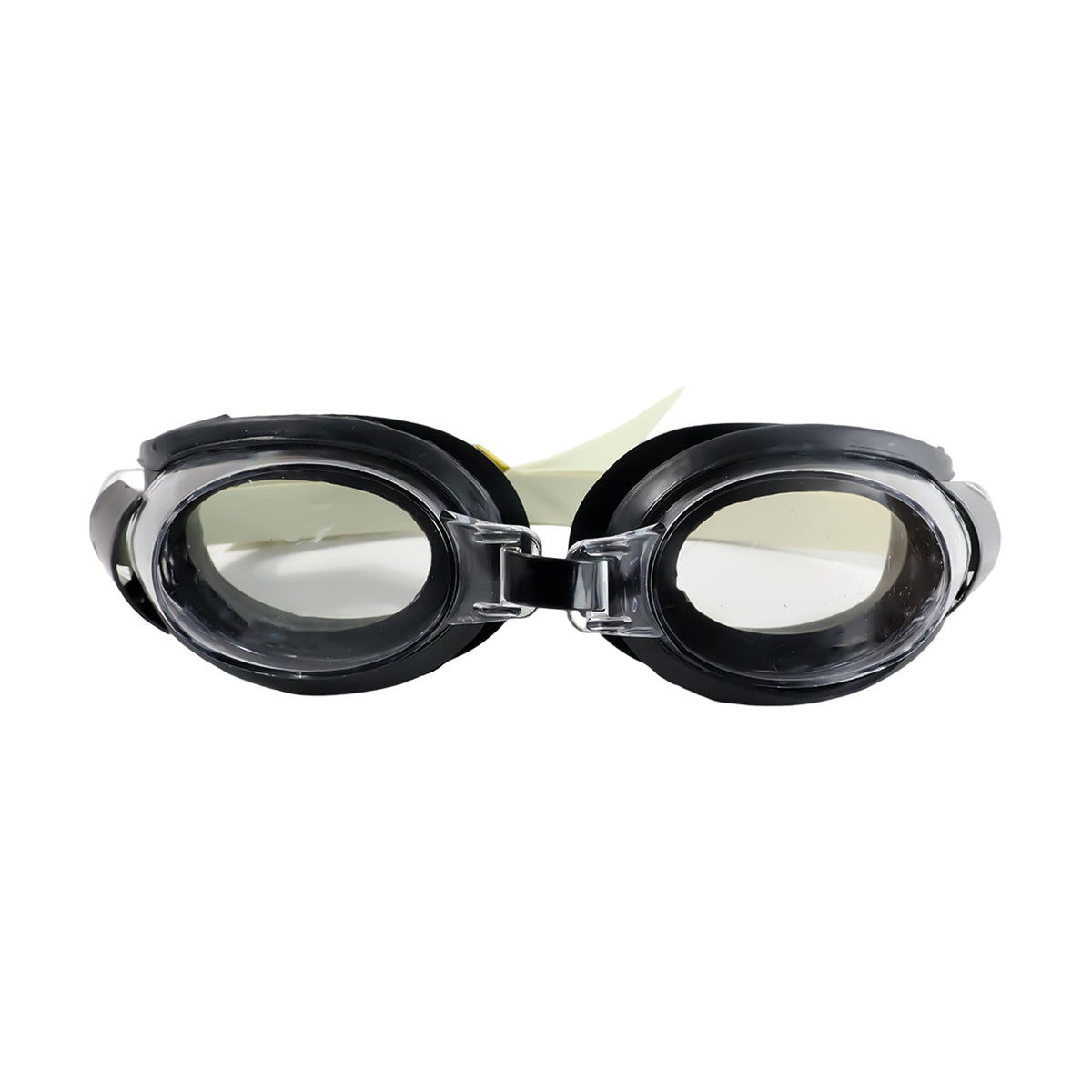 Front view of black and clear swimming goggles with a beige strap on a plain white background.