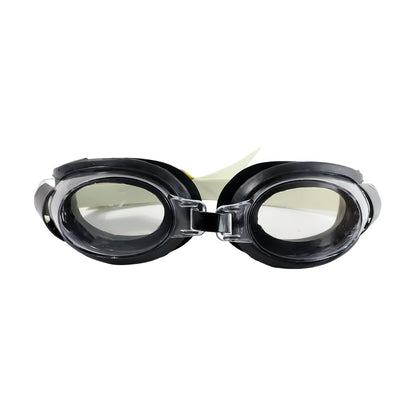 Front view of black and clear swimming goggles with a beige strap on a plain white background.