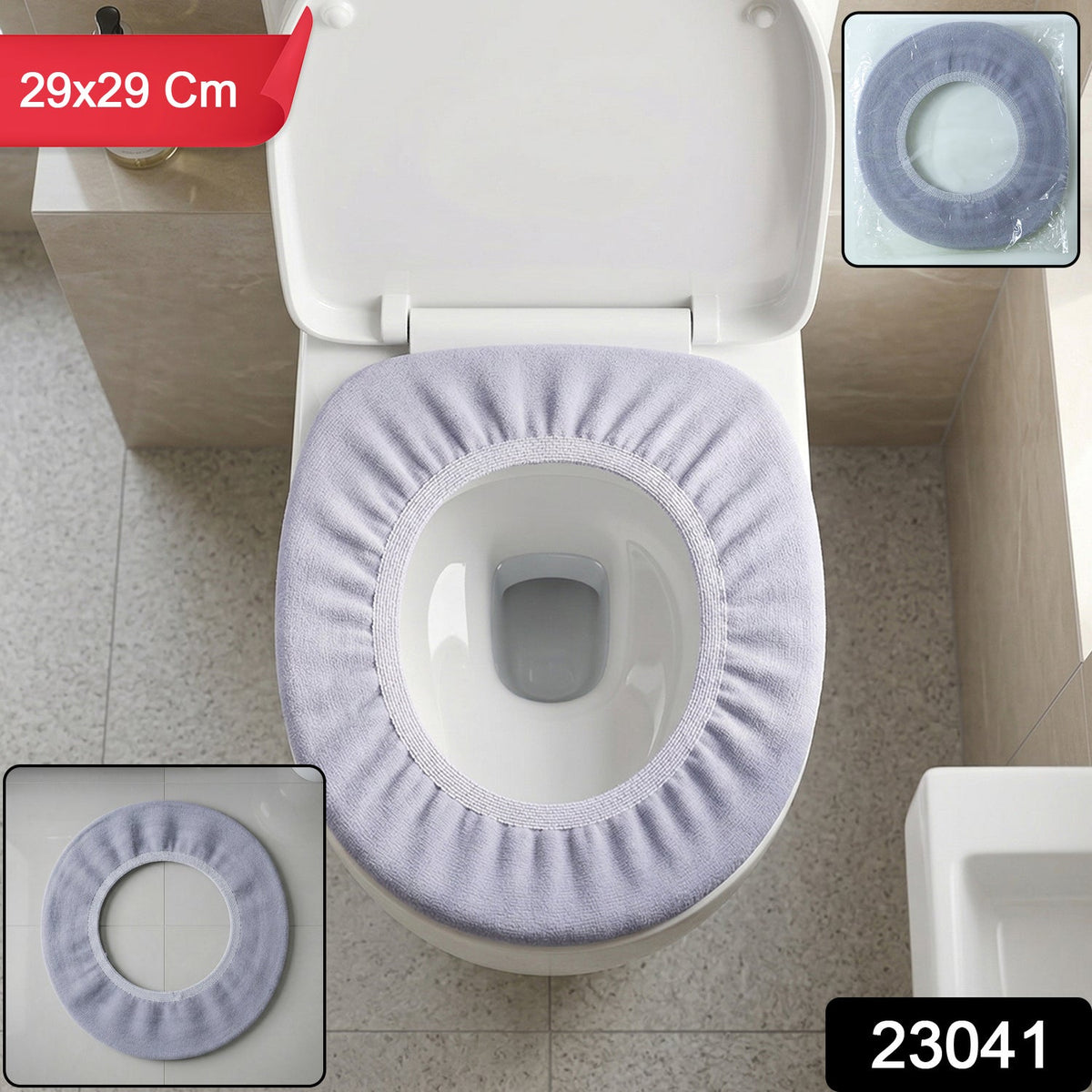 A light purple elastic toilet seat cover on a white toilet, with size 29x29 cm and product number 23041.