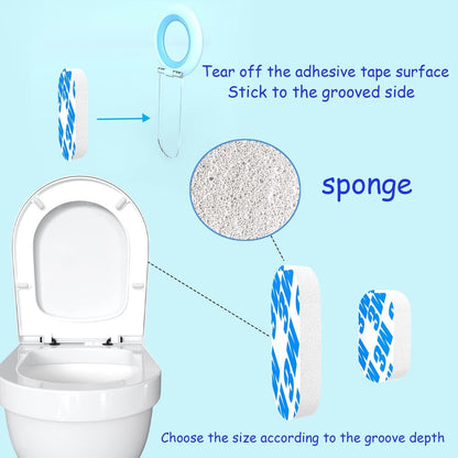 An instructional diagram showing how to attach the toilet seat lifter and two sponge pads to a toilet seat.