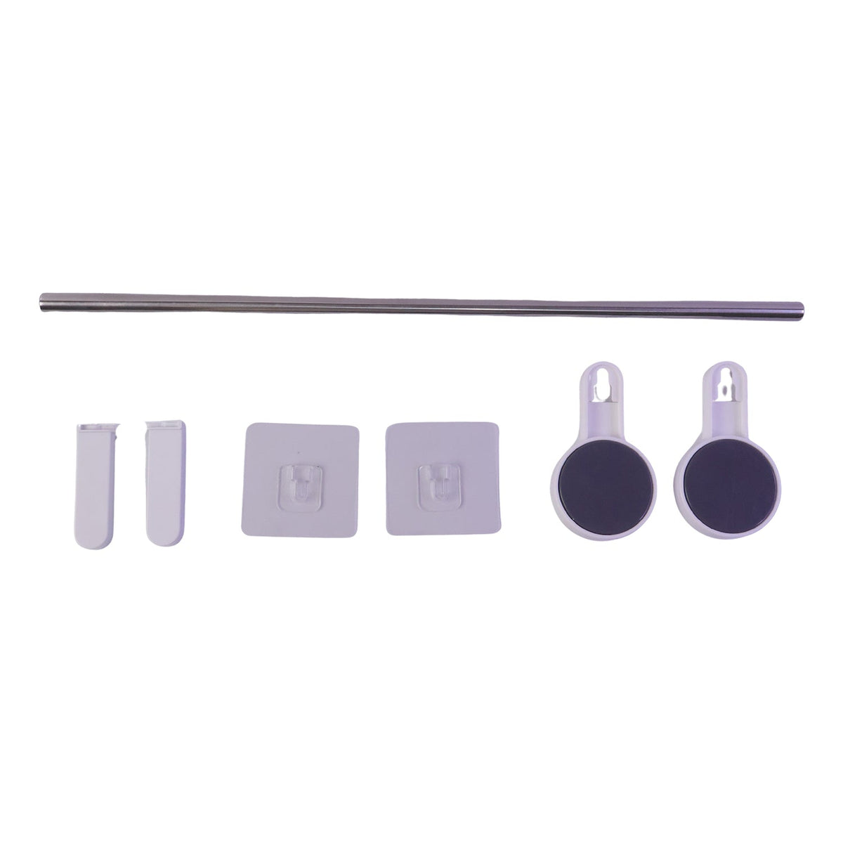 All components of the towel rod set are laid out on a white background: a silver rod, two white end pieces, two clear