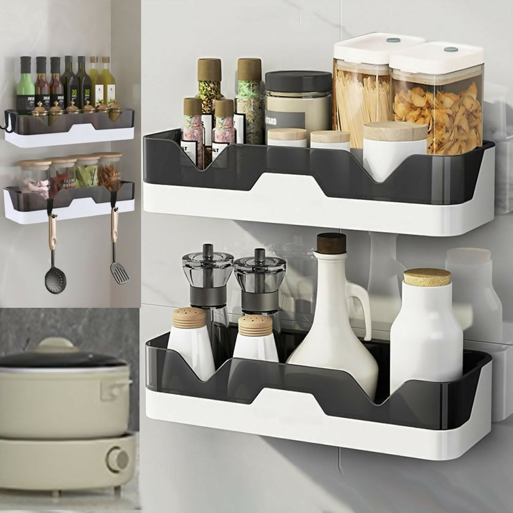 Bathroom use of adhesive storage rack organizing toiletries on wall