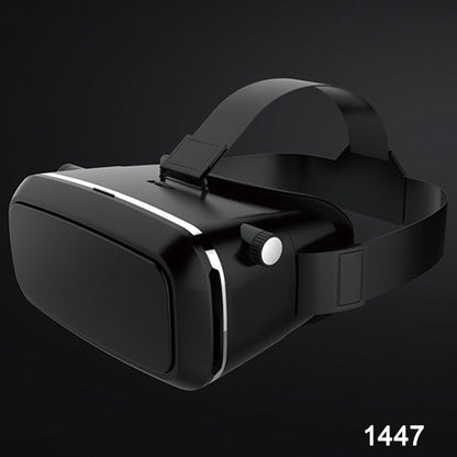 A black VR headset with a silver stripe and white adjustment knob is shown against a dark background.