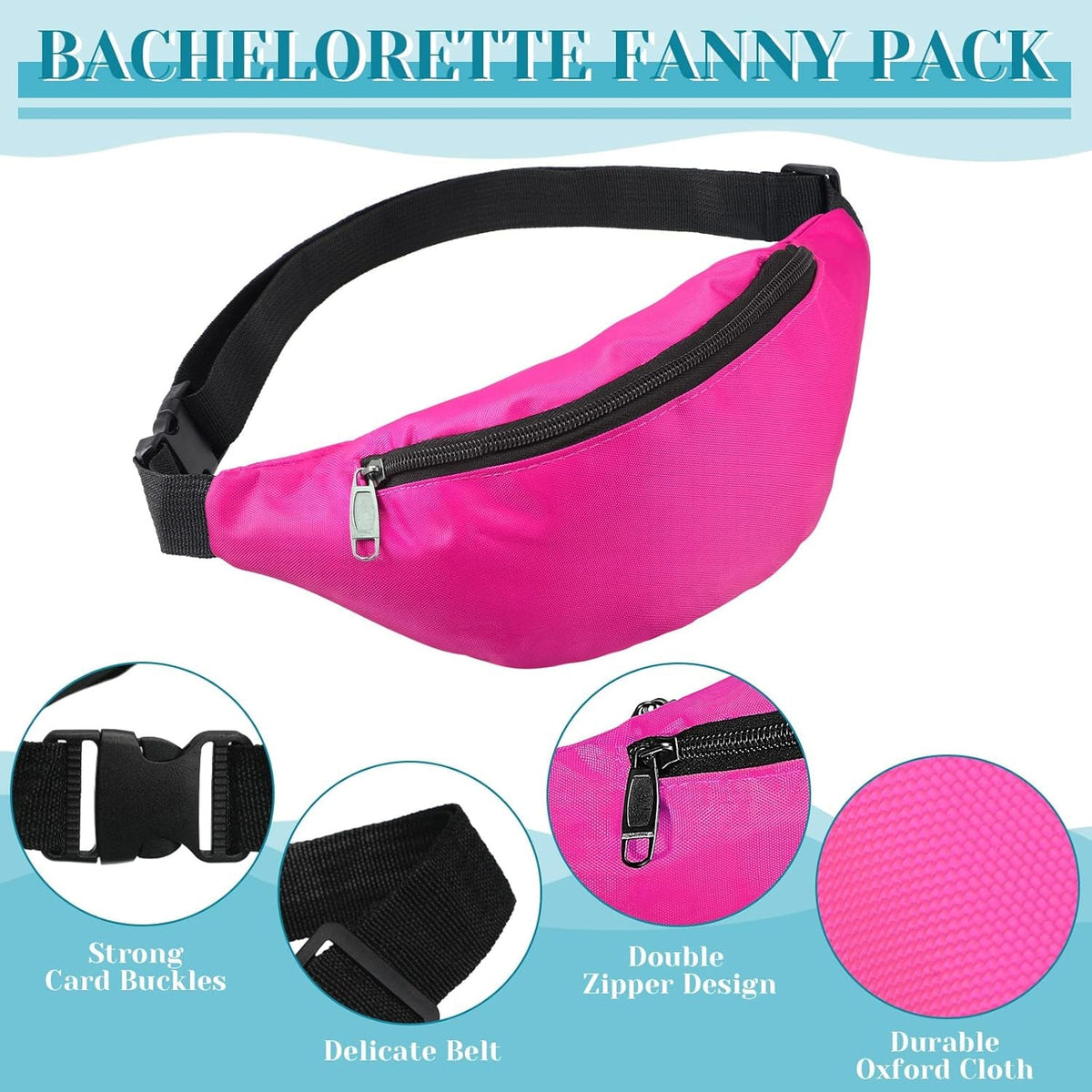 A pink fanny pack with a black strap and zipper is displayed with feature callouts.