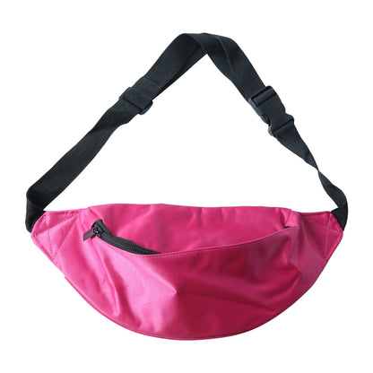 A vibrant pink fanny pack with a black adjustable strap and front zipper on a white background.