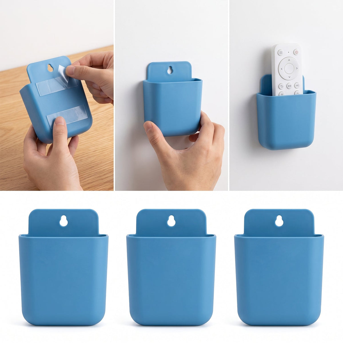 A three-panel image showing hands applying adhesive strips to the back of a blue pocket, then mounting it, and finally