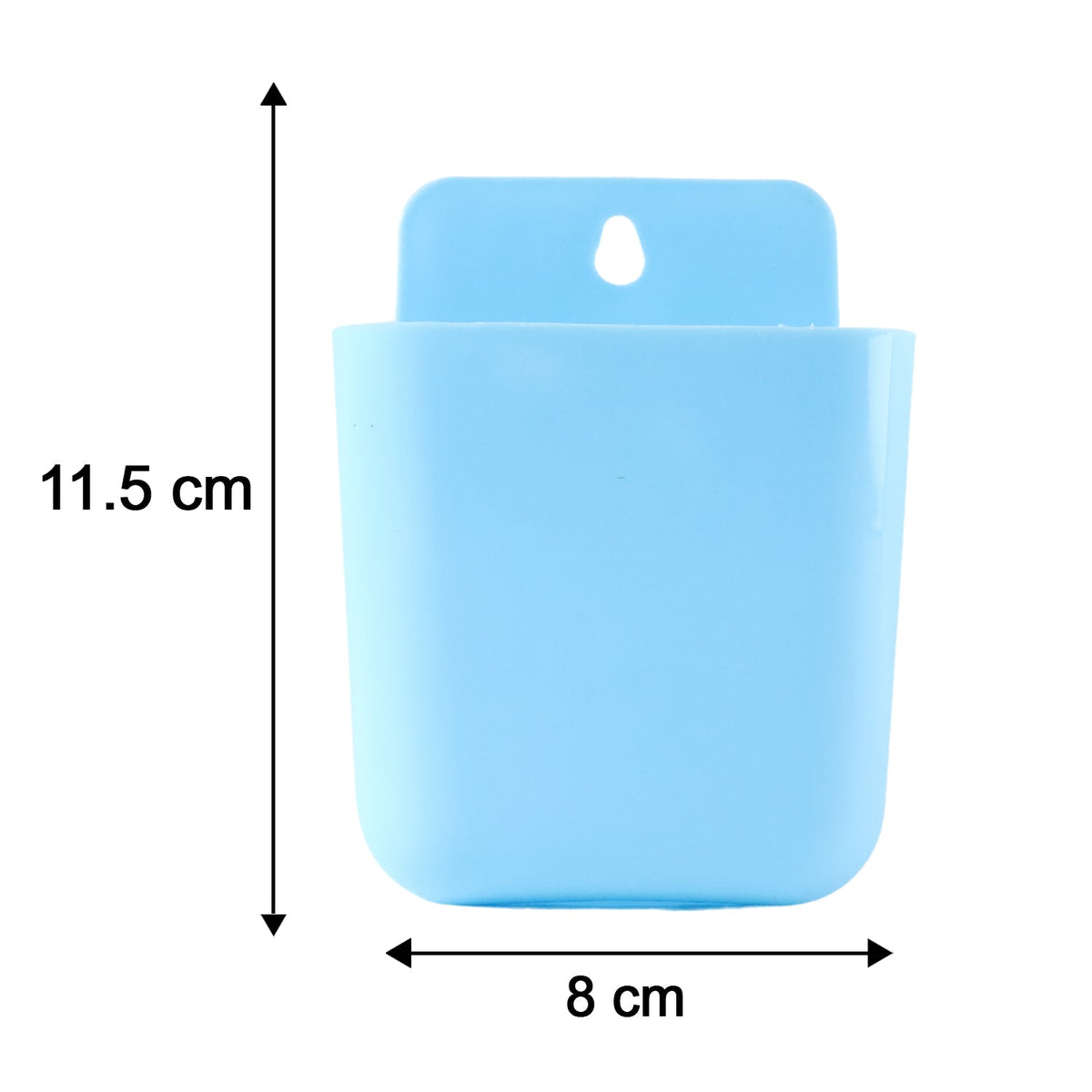 A light blue plastic wall-mounted storage pocket with dimensions of 11.5 cm high and 8 cm wide.