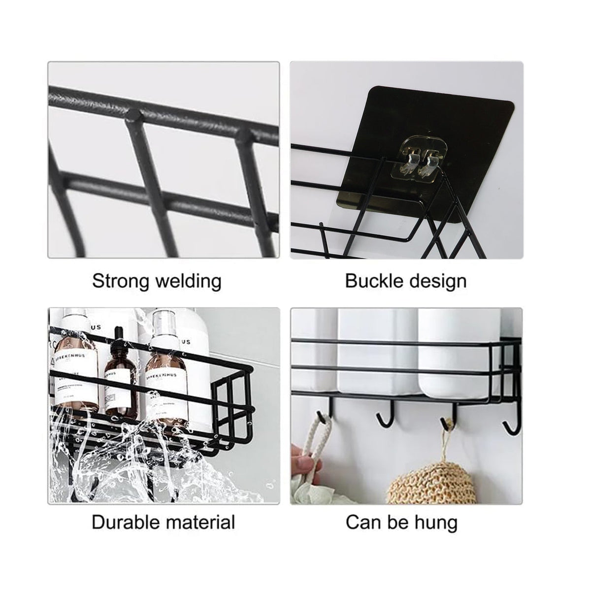 A collage of four close-up images highlighting features: strong welding, buckle design, durable material with water, and