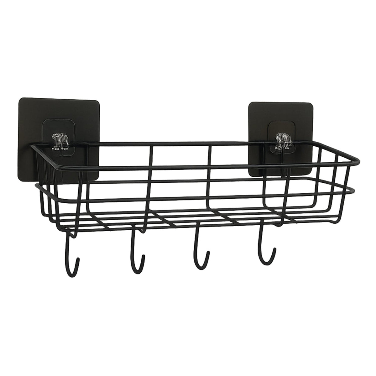 A standalone black metal wire storage basket with four integrated hooks and two adhesive mounting pads on a white background.