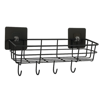 A standalone black metal wire storage basket with four integrated hooks and two adhesive mounting pads on a white background.