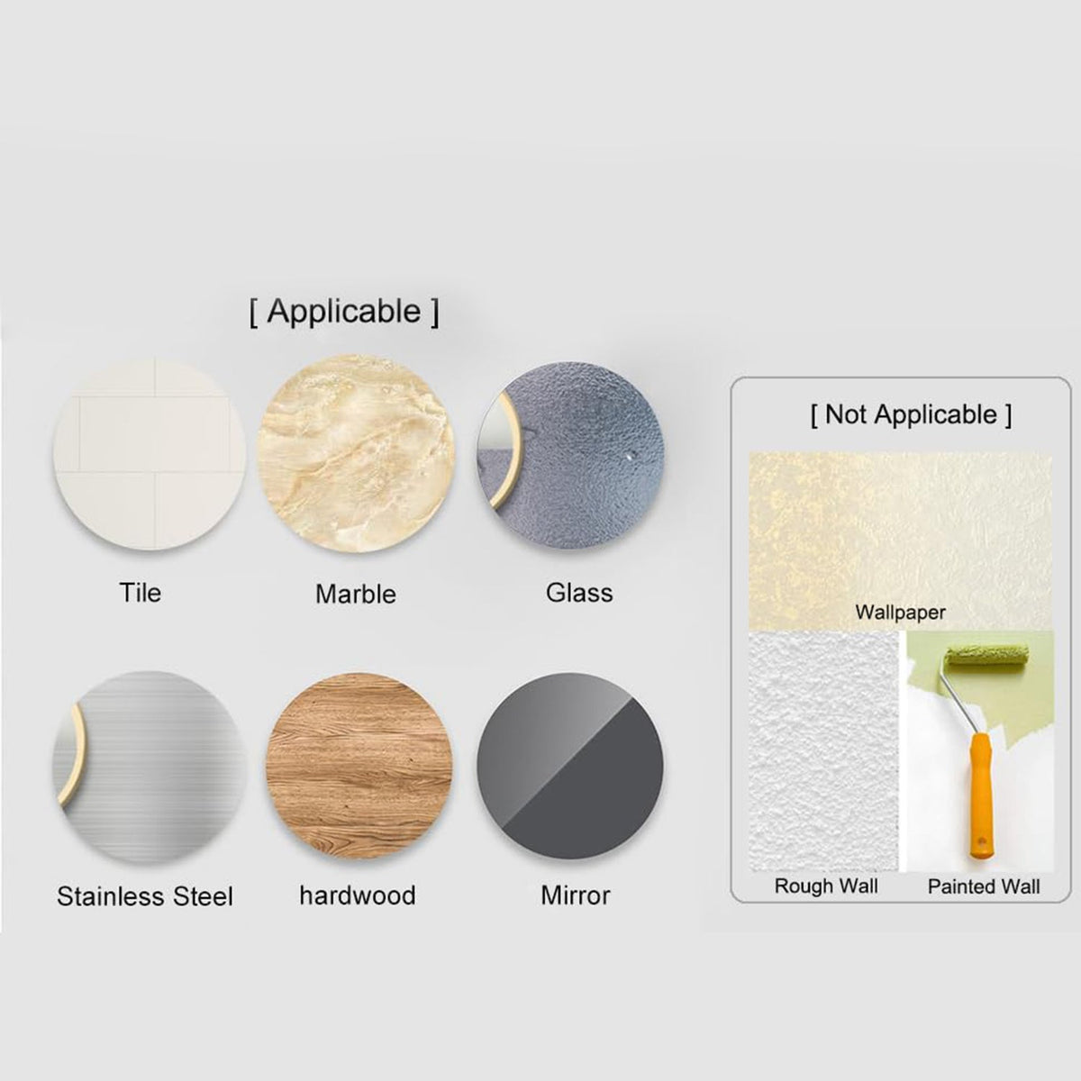 A diagram showing various wall surfaces where the product is applicable (tile, marble, glass, stainless steel, hardwood,