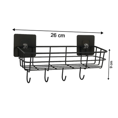 A black metal wire storage basket with hooks on a white background, showing dimensions of 26 cm length and 9 cm height.