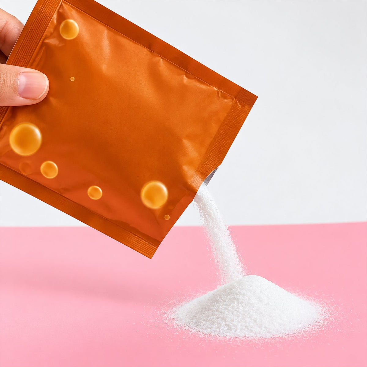 A hand holds an orange sachet, pouring white powder onto a pink surface.