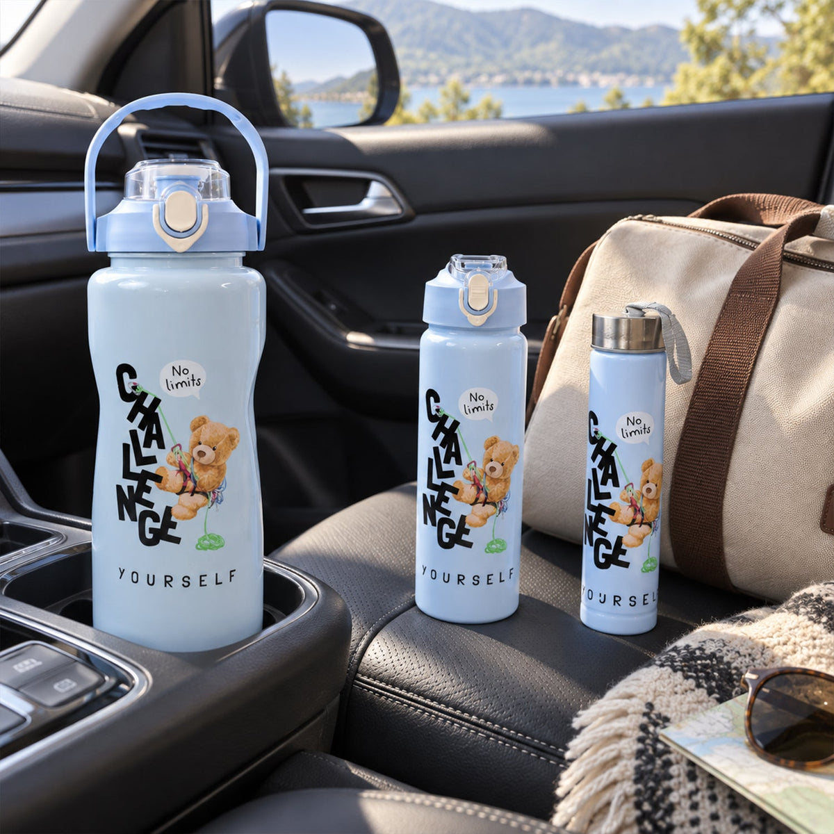 Three light blue water bottles in a car interior, with a bag and sunglasses on the seat, and a lake view outside.