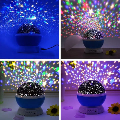 Star Projector Night Lamp casting stars and moon patterns onto a dark wall.
