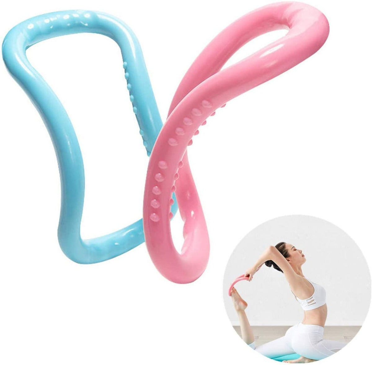 A light blue and a pink pilates ring with bumps, with a small inset of a woman stretching.