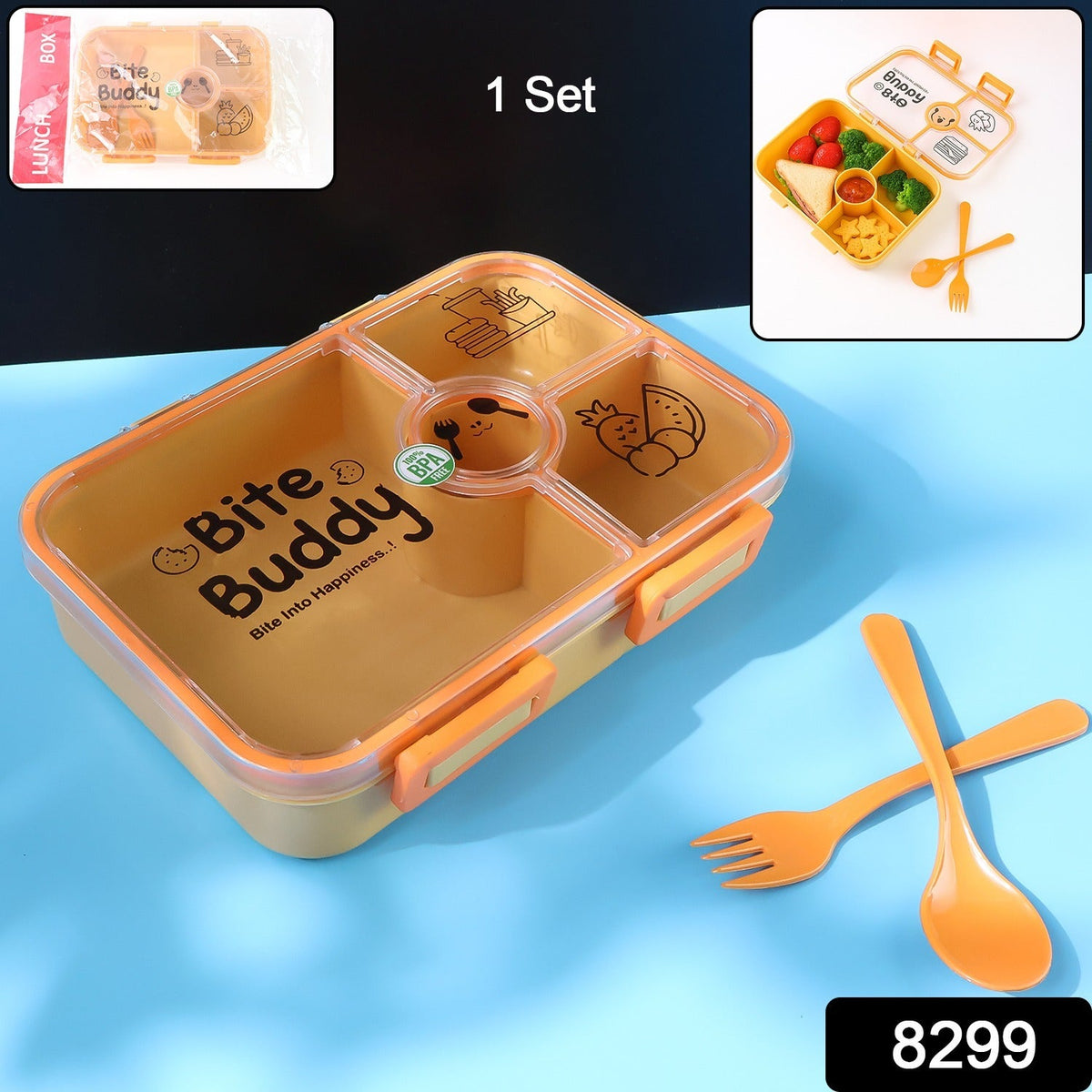 Yellow 4-compartment lunch box with orange lid and cutlery, shown with packaging and a smaller inset image