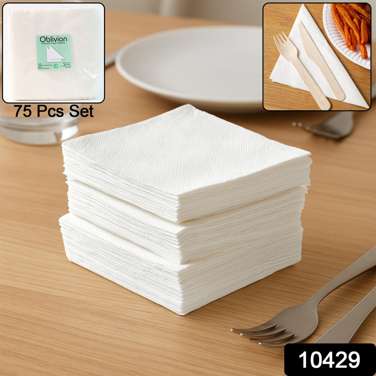 A stack of white paper napkins with an Oblivion brand label and insets of cutlery and fries.