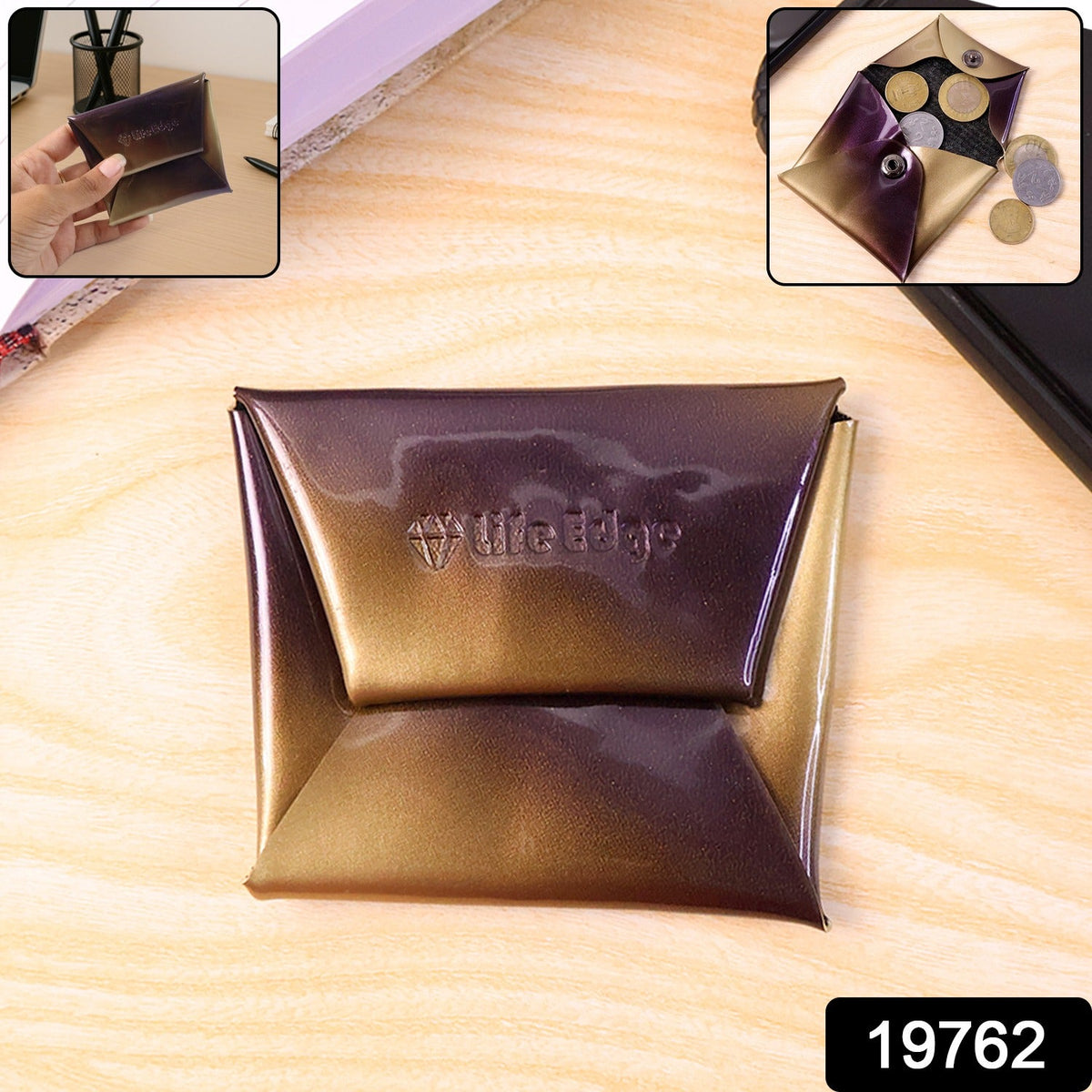 A closed iridescent coin pouch with purple and gold hues sits on a wooden surface, with two inset images.