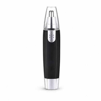 A black and silver nose hair trimmer with a clear cap stands upright on a white background.