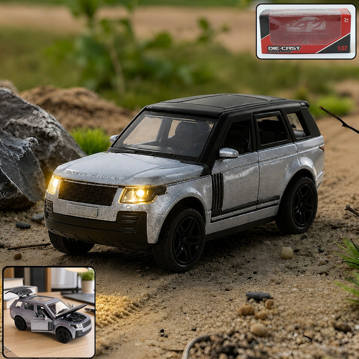 A silver and black die-cast toy SUV with headlights on sits on a dirt path with rocks and greenery.