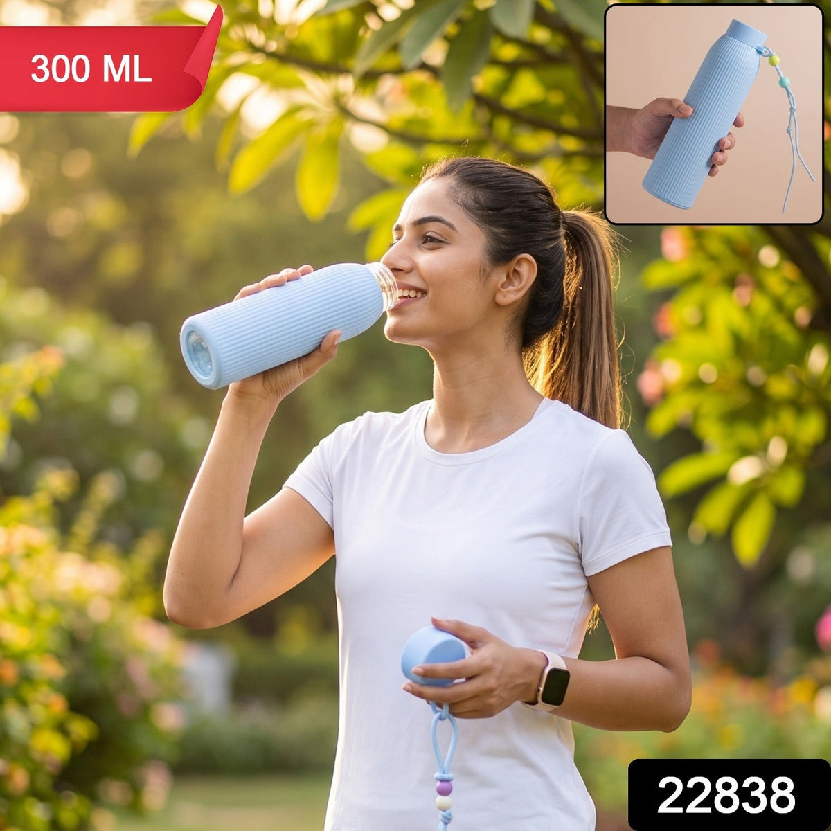 A woman drinks from a light blue ribbed glass water bottle; a small inset shows a hand holding the bottle.