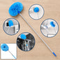 A blue microfiber duster with an extendable handle is shown in use for various cleaning tasks.