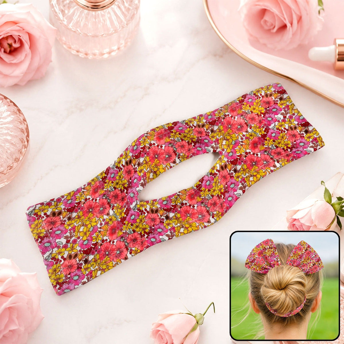 Pink and yellow floral hair bun maker on a marble surface with pink roses and perfume bottles.