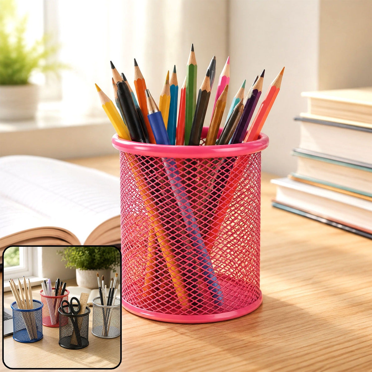 A vibrant pink metal mesh pen holder filled with colorful pencils on a wooden desk with an open book.