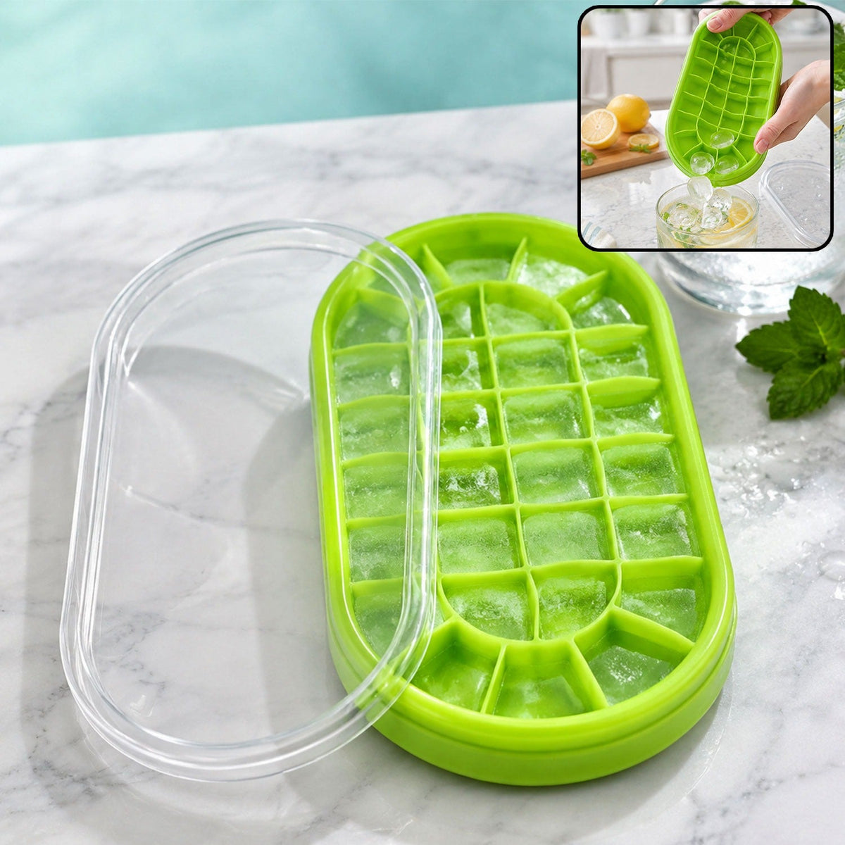 A green oval silicone ice cube tray with a clear lid, filled with ice, next to a glass of ice water.