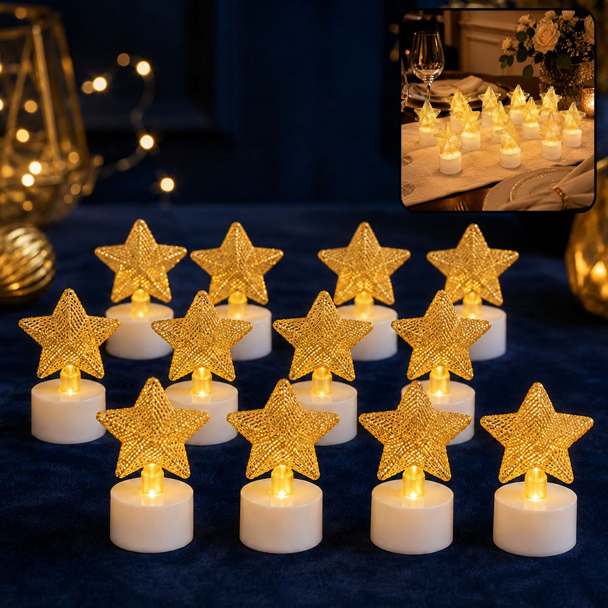 Twelve LED tealights with golden mesh stars on a dark blue tablecloth, with a blurred background.
