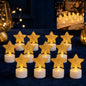 Twelve LED tealights with golden mesh stars on a dark blue tablecloth, with a blurred background.
