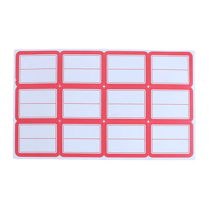 A single sheet of 12 red-bordered white writable labels with two lines on a white background.