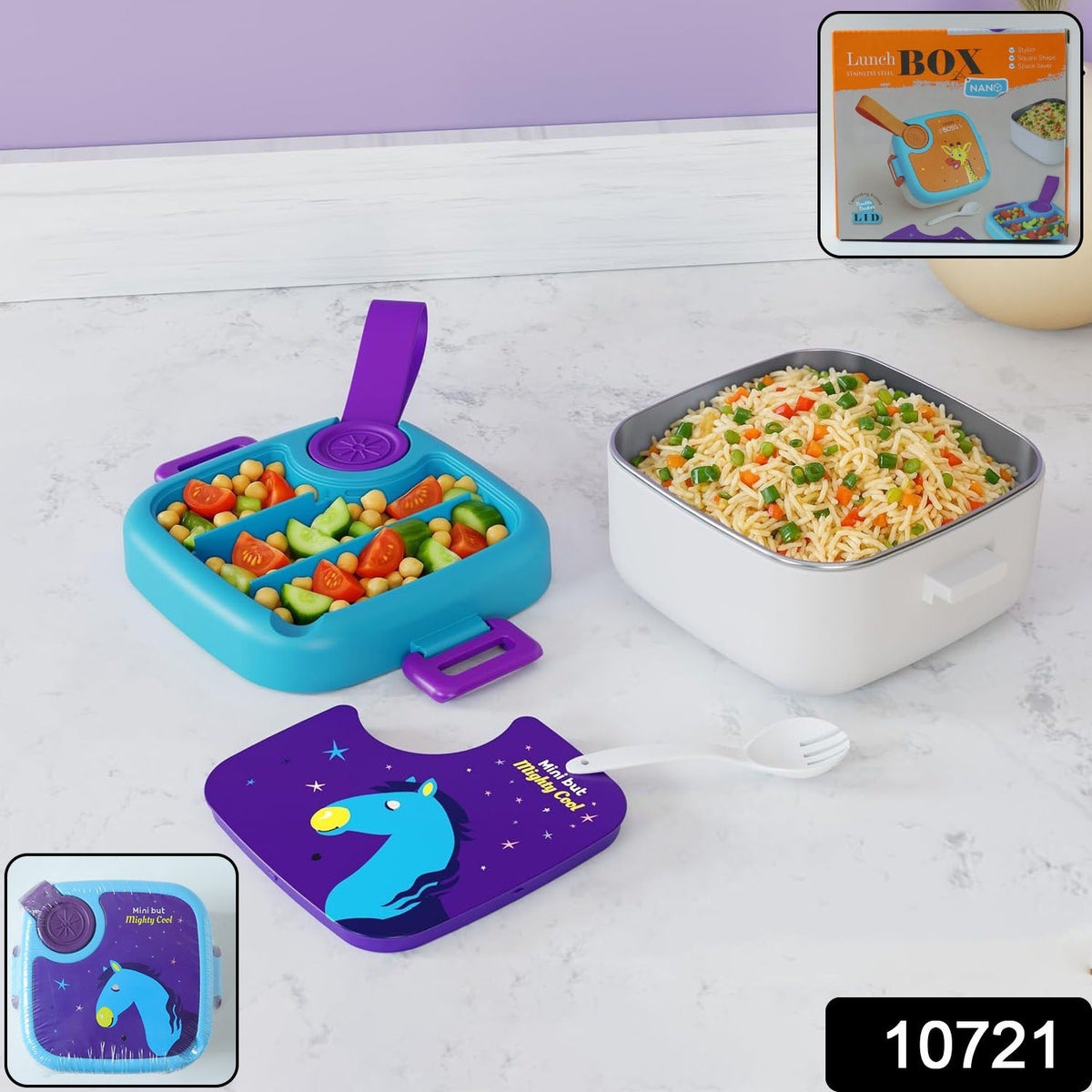 A disassembled blue and purple lunch box with a horse print lid, filled with food, next to a white container of rice, with a