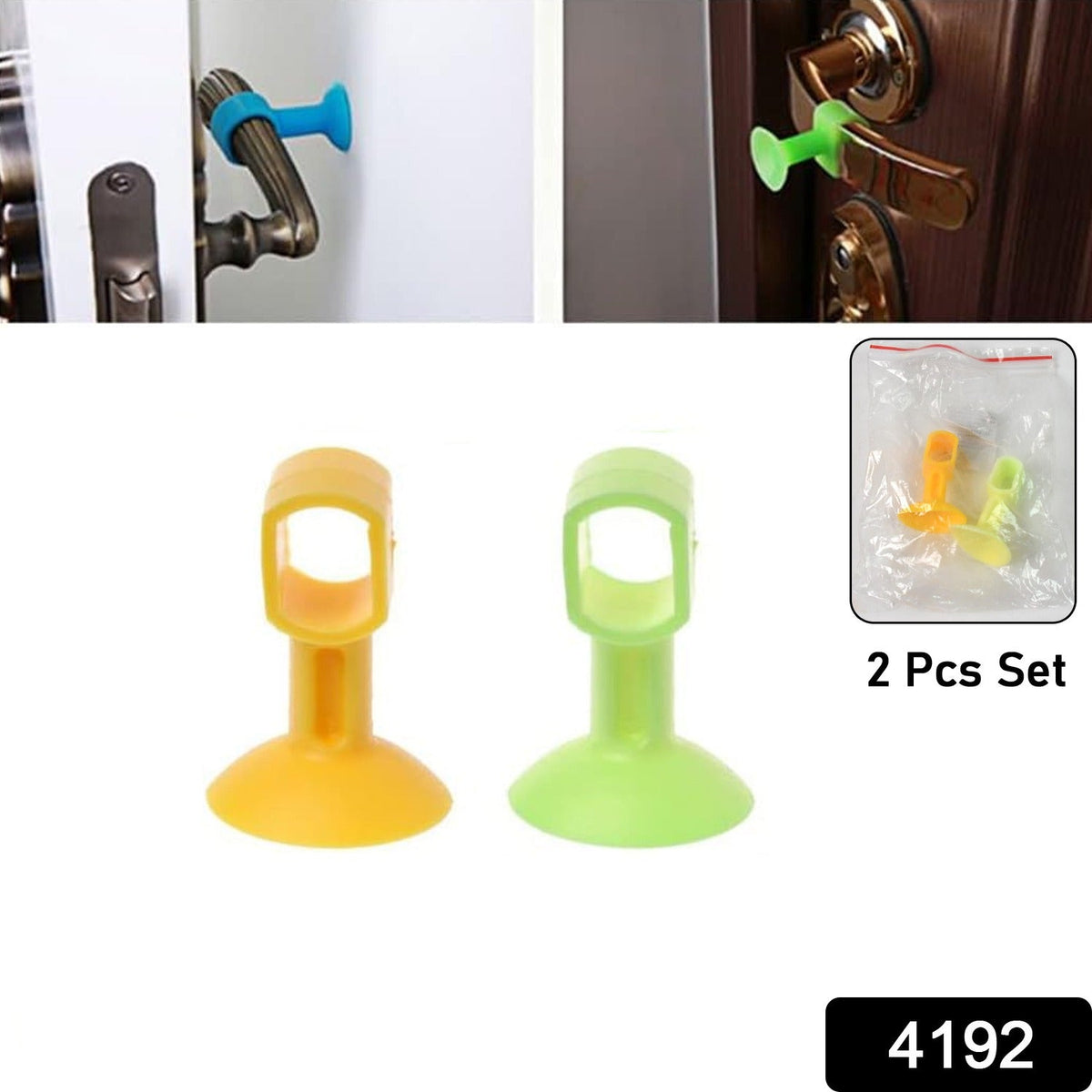 Two silicone door stoppers, yellow and green, are displayed with a small bag containing two more in the top right corner.