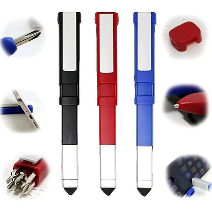 Three multi-functional pens in black, red, and blue are displayed vertically, surrounded by six insets highlighting their