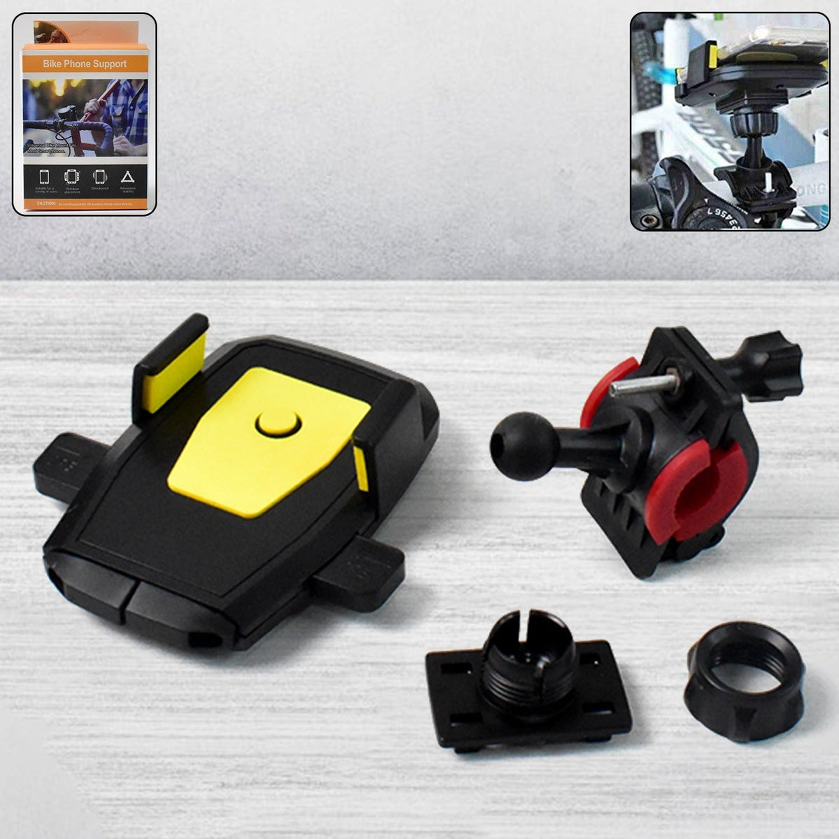 Disassembled black and yellow phone mount components with a red clamp on a light wood surface. Insets show product details.