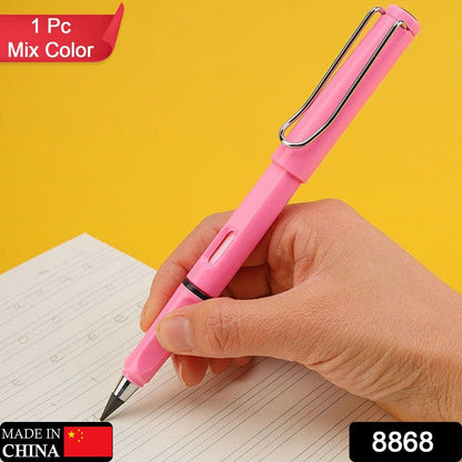 A hand holds a pink inkless pencil, writing on a lined paper against a bright yellow background.