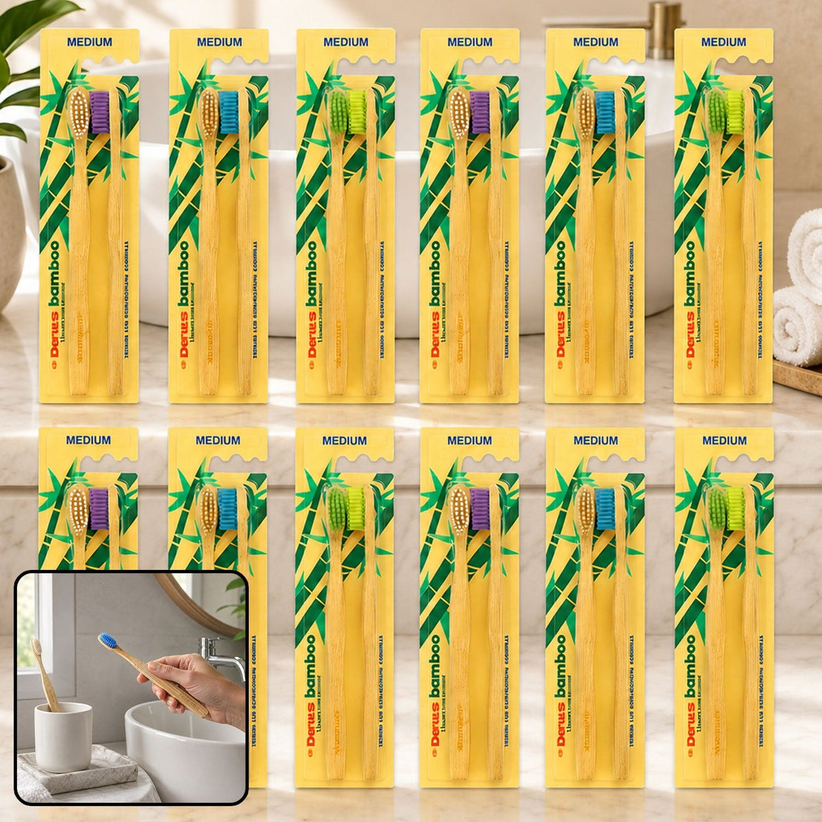 Twelve twin packs of bamboo toothbrushes with various colored bristles, arranged on a bathroom counter with an inset image.