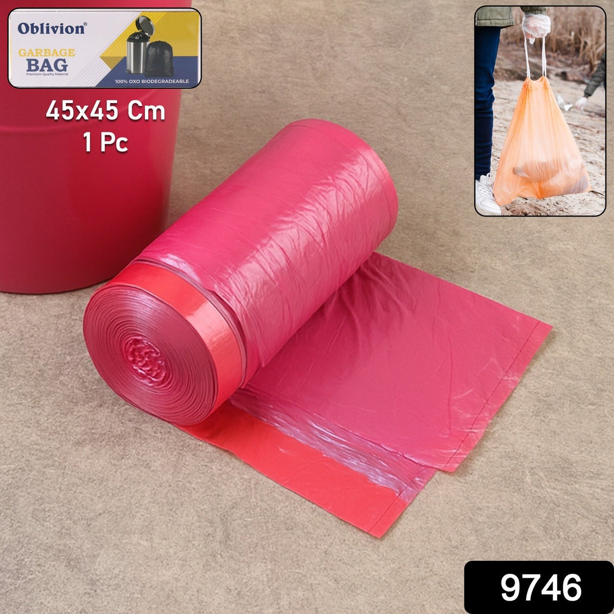 A roll of pink garbage bags next to a red bin, with a small inset showing an orange bag.