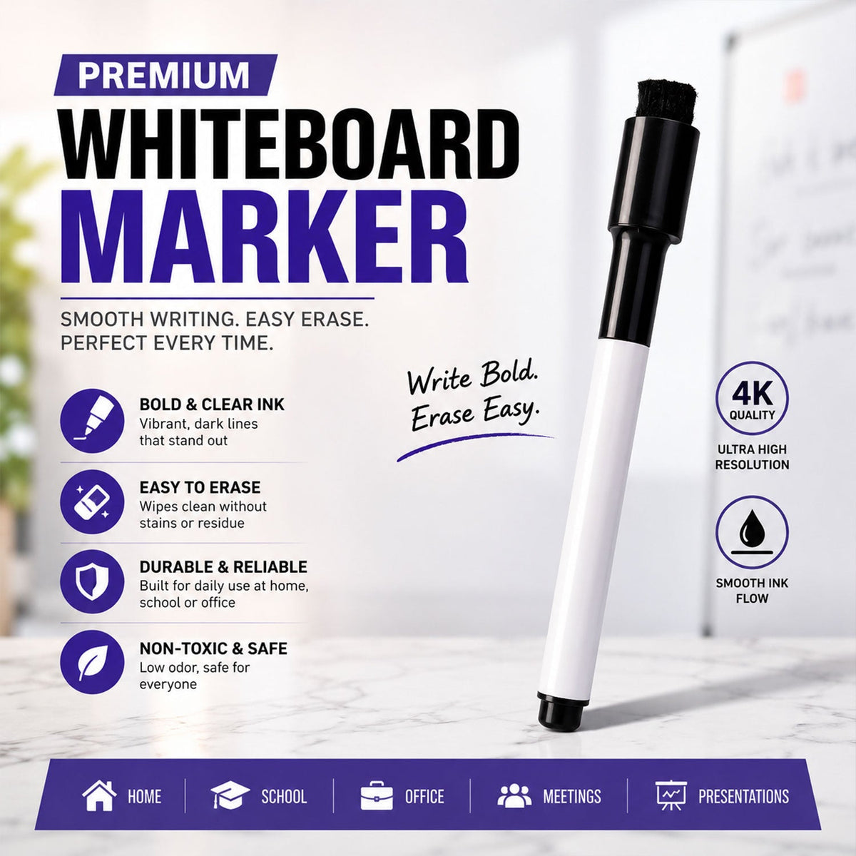 Black dry erase marker with ergonomic slim barrel