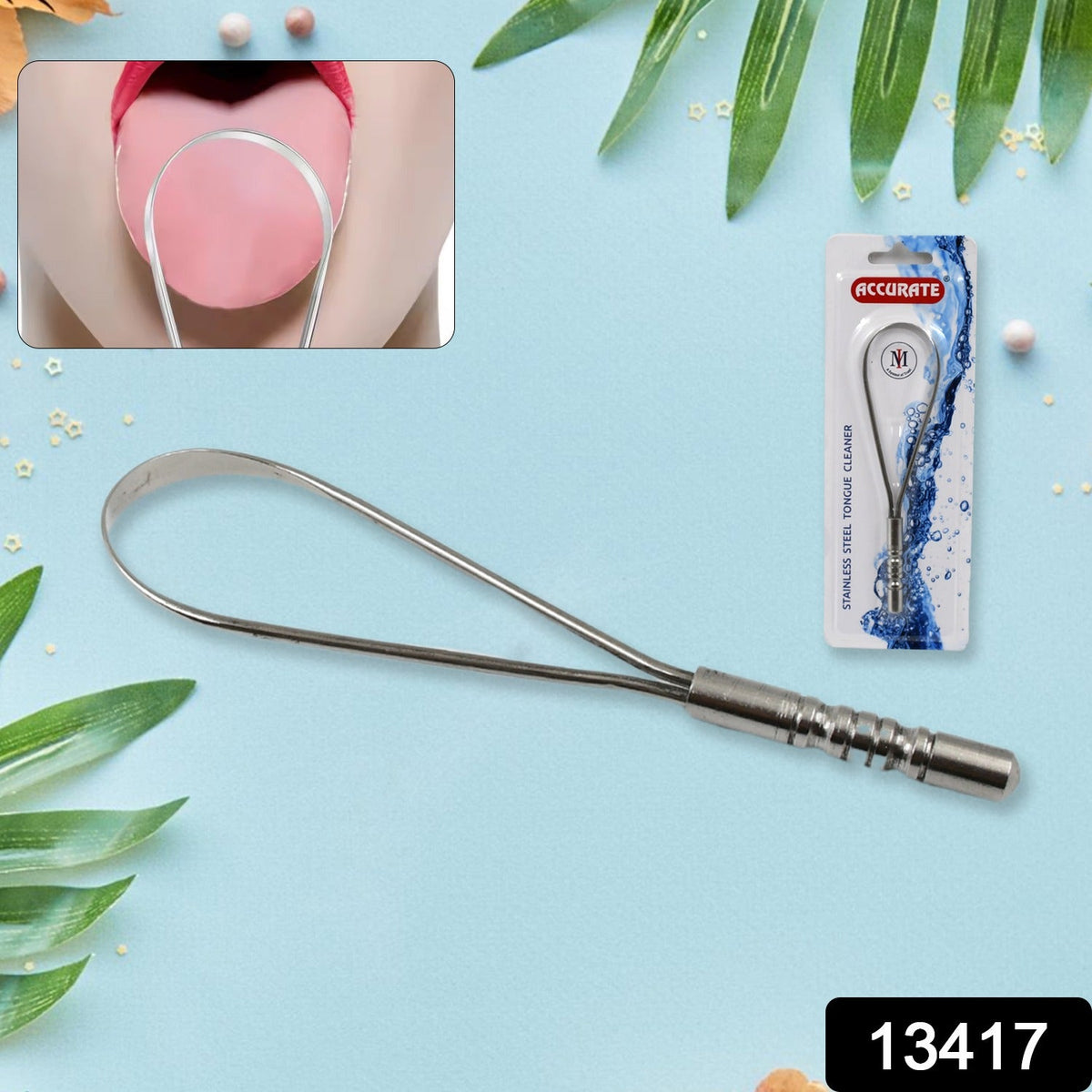 A silver metal tongue cleaner with a textured handle is displayed on a blue background with its packaging and a small inset
