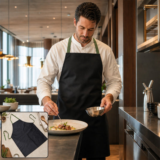 A chef in a white uniform and a black apron with green straps garnishes a dish in a modern kitchen, with an inset of the