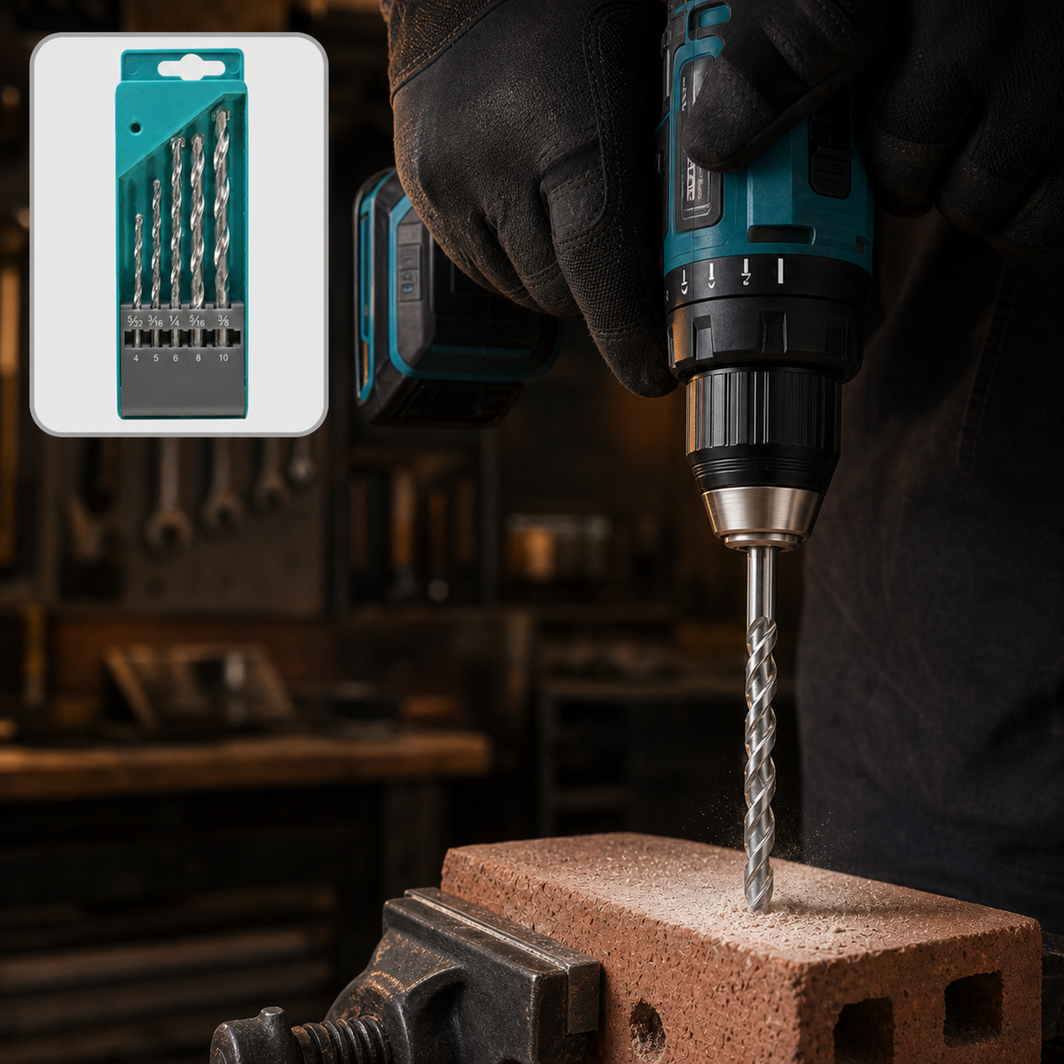 A person in black gloves uses a power drill with a silver bit to drill into a red brick, with a drill bit set shown in an