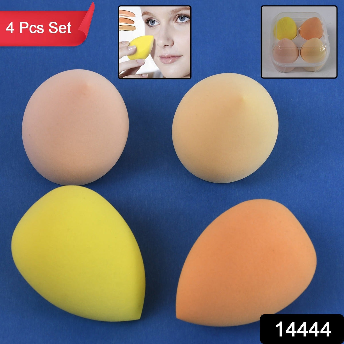 Four makeup sponges in peach, yellow, and orange on a blue background, with insets of a woman and the case.