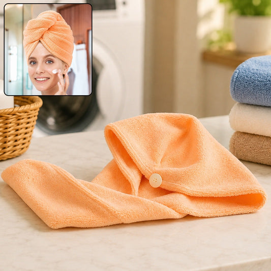 An orange microfiber hair towel wrap with a button closure, with an inset showing a woman wearing a similar towel.